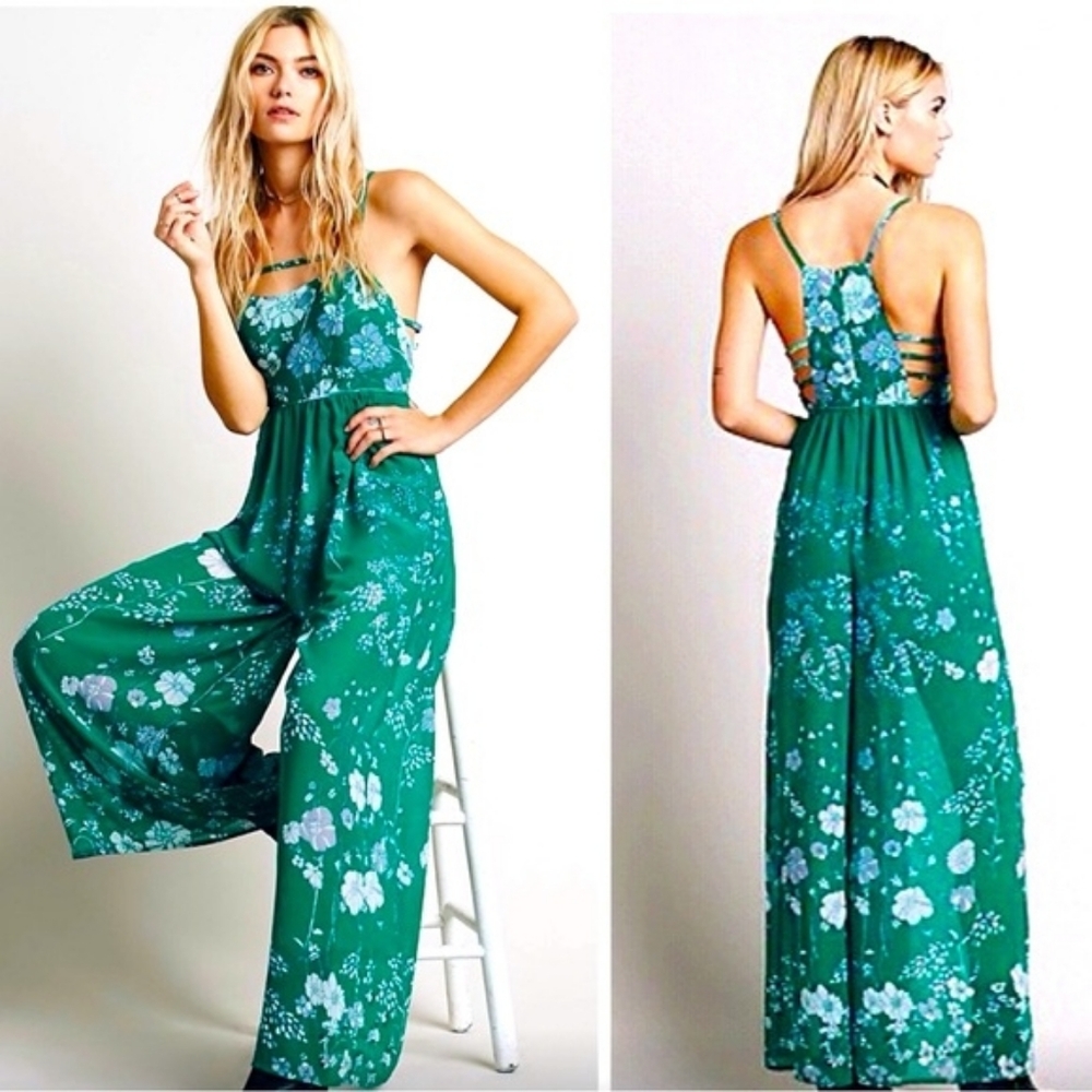 Free People Green Floral Wide-Leg Jumpsuit